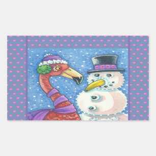 PINK FLAMINGO SNOWMAN CHRISTMAS STICKERS Rectangle