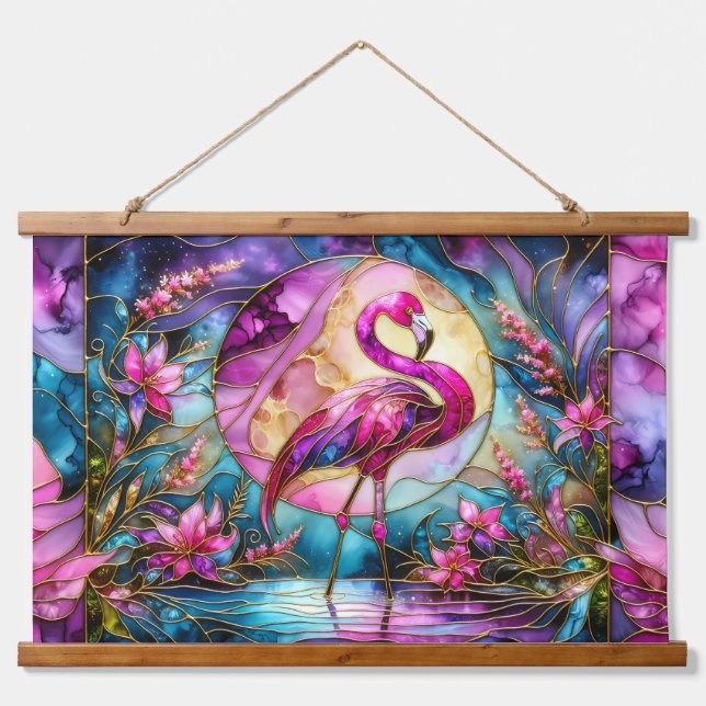 Pink Flamingo Stained Glass Mosaic Wandteppich Mit Holzrahmen (Vorne)