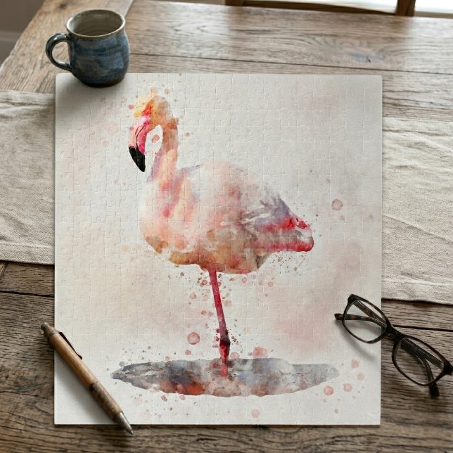 Pink Flamingo Stehend - Wasserfarbe - 01 (Elegant Pink Flamingo standing in Watercolor. Jigsaw Puzzle)