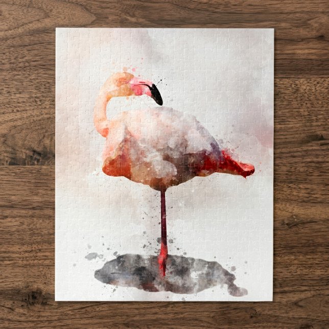 Pink Flamingo Stehend - Wasserfarbe - 02 (Pink Flamingo Standing in Watercolor Art Print. Jigsaw Puzzle)