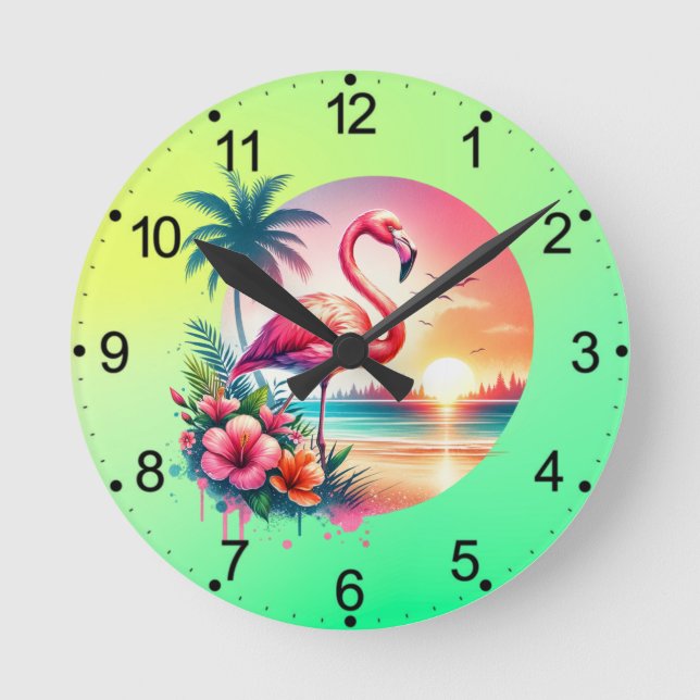 Pink Flamingo Sunset Clipart Runde Wanduhr (Vorderseite)