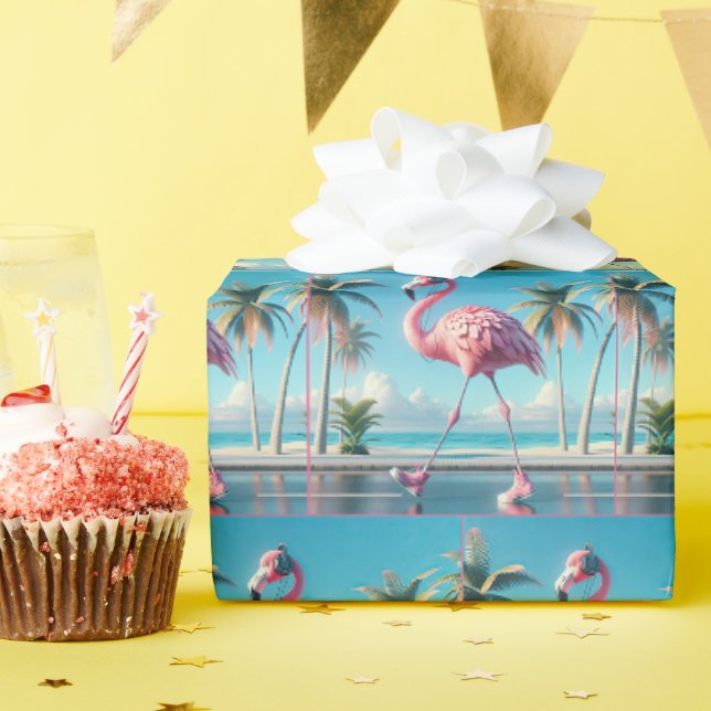Pink Flamingo Tragen Sneakers und Kopfhörer Geschenkpapier (Geburtstagsparty)