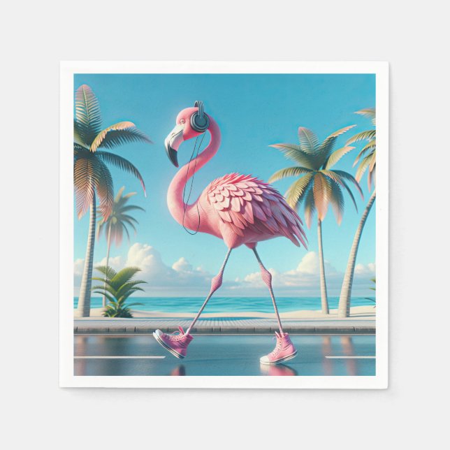 Pink Flamingo Tragen Sneakers und Kopfhörer Serviette (Vorderseite)