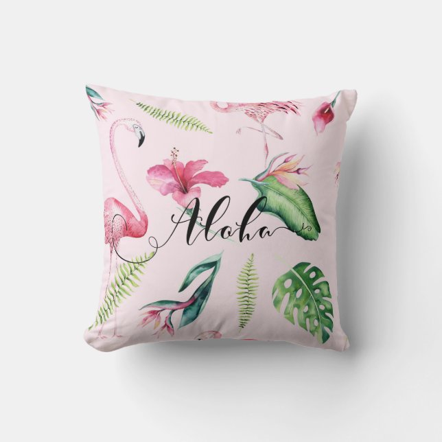 Pink Flamingo Tropical Aloha Hibiskus Sommer Kissen (Vorderseite)