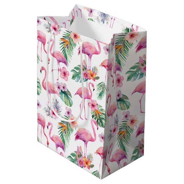Pink Flamingo Tropical Baby Duschgeschenk Beutel Mittlere Geschenktüte (Rückseite Schrägansicht)