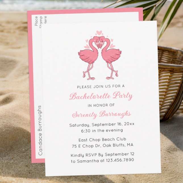 Pink Flamingo Tropical Beach Bachelorette Party Einladungspostkarte (Von Creator hochgeladen)