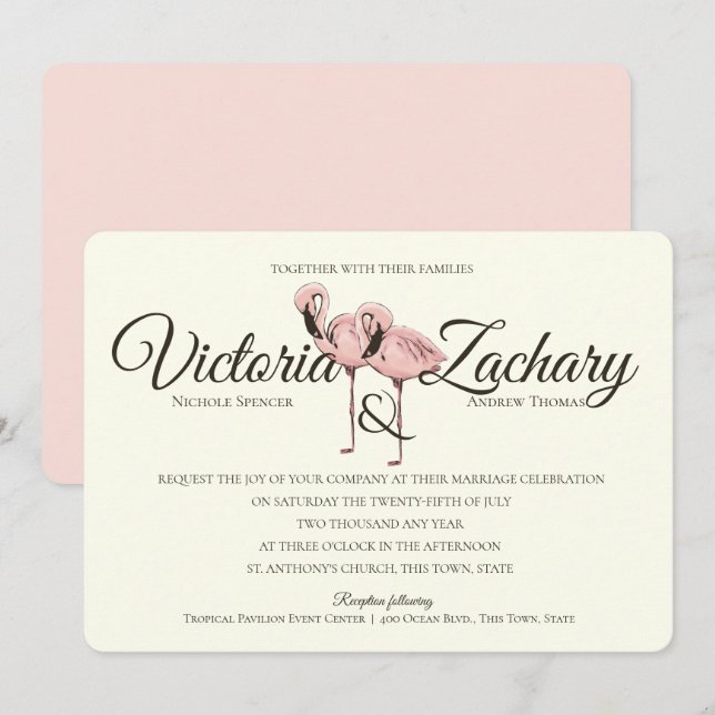Pink Flamingo Tropical Beach Hochzeit Einladung (Vorne/Hinten)