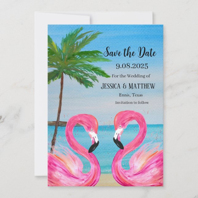 Pink Flamingo Tropical Beach Hochzeit Einladung (Vorderseite)