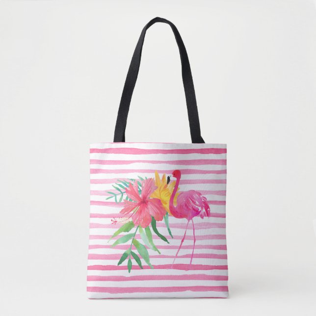 Pink Flamingo Tropical Blume Beach Bag Tasche (Vorderseite)