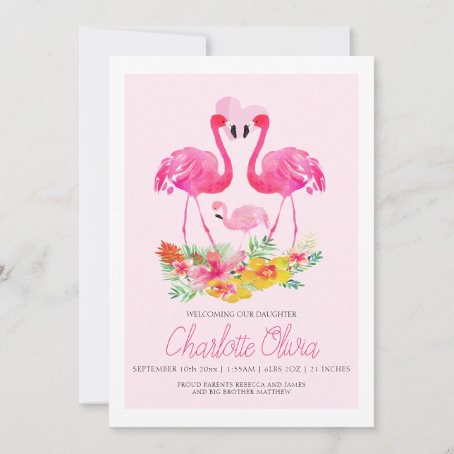 Pink Flamingo Tropical Blume New Baby Ankündigung (Vorderseite)