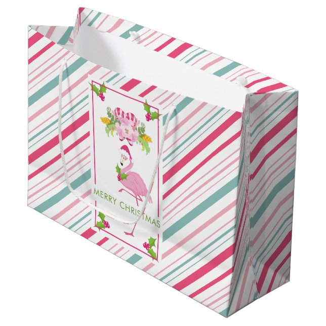 Pink Flamingo Tropical Christmas Große Geschenktüte (Vorderseite Schrägansicht)