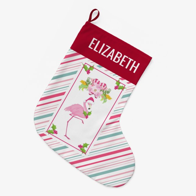 Pink Flamingo Tropical Christmas Großer Weihnachtsstrumpf (Vorderansicht (hängend))