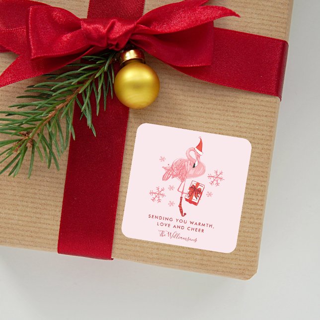 Pink Flamingo Tropical Christmas Quadratischer Aufkleber (Pink Flamingo Tropical Christmas Watercolor Square Sticker)