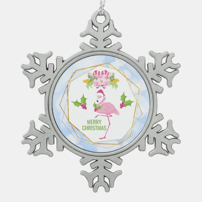 Pink Flamingo Tropical Christmas Schneeflocken Zinn-Ornament (Vorderseite)
