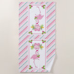 Pink Flamingo Tropical Christmas Strandtuch<br><div class="desc">Ein kleines,  tropisches Badetuch. Ein extravagant rosa Flamingo mit einem Bein erhob sich. Tragen Sie eine rosa Weihnachtsmannmütze und etwas saisonale heilige. Holly mit Beeren schmücken auch die Ecken. Ein Blumenstrauß mit Bonbons über ihrem Kopf. Ein rosa und grüner,  mit Zuckerrohr gestreifter Hintergrund.</div>