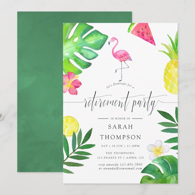 Pink Flamingo Tropical Exotic Retirement Party Einladung (Vorne/Hinten)