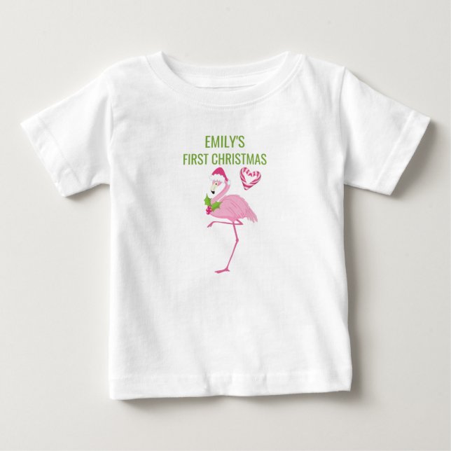 Pink Flamingo Tropical First Christmas Baby T-shirt (Vorderseite)