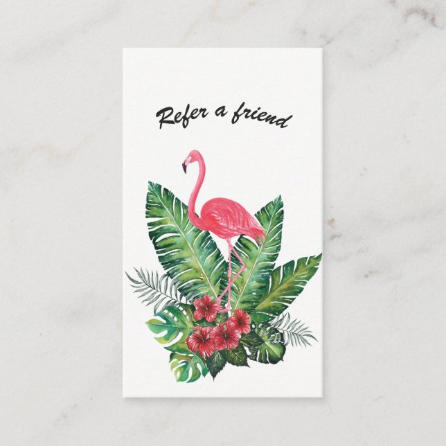 Pink Flamingo Tropical Floral Refer a Friend Empfehlungskarte (Vorderseite)