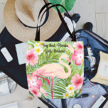 Pink Flamingo Tropical Flowers Girls Weekend Tasche<br><div class="desc">Tropical style tote bag design features a pink flamingo framed with a Hawaiian island style pattern of vibrant pink, yellow, and white hibiscus flowers and a green palm leaf background. Personalize the custom script text for your girls' weekend, name, or other preferred wording. Tote bag features the same design front...</div>