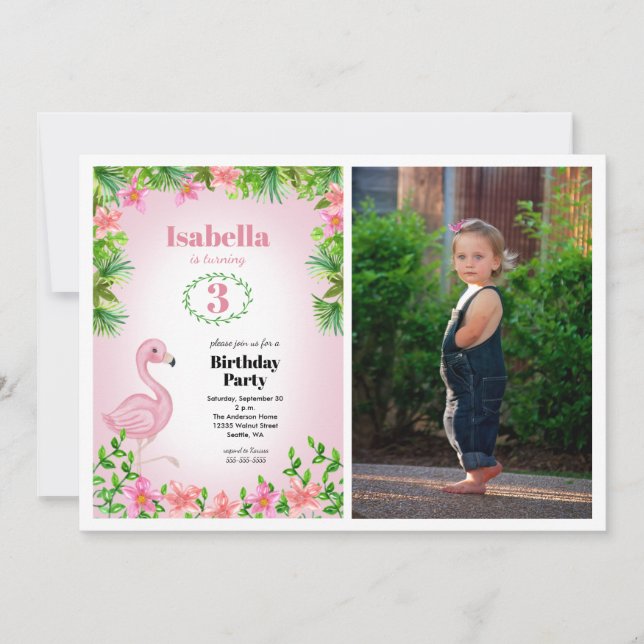 Pink Flamingo Tropical Girl's Birthday Foto Einladung (Vorderseite)