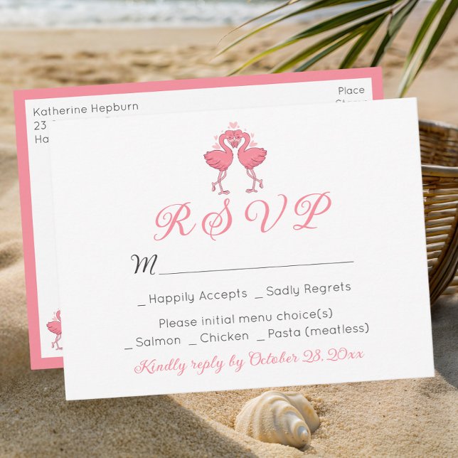 Pink Flamingo Tropical Hawaiian Beach Wedding RSVP Postkarte (Von Creator hochgeladen)