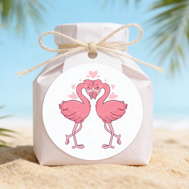 Pink Flamingo Tropical Hawaiian Beach Wedding Runder Aufkleber (Von Creator hochgeladen)