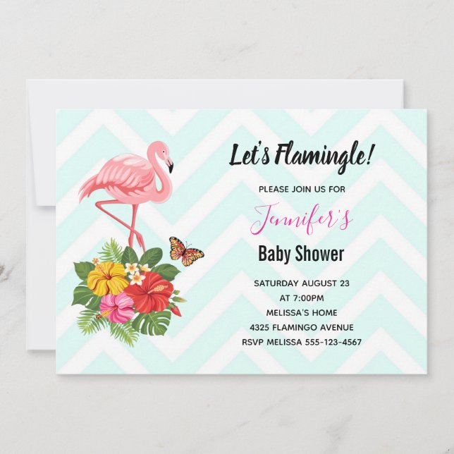 Pink Flamingo & Tropical Hibiskus Babydusche Einladung (Vorderseite)
