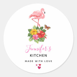 Pink Flamingo & Tropical Hibiskus Extravagant Küch Runder Aufkleber