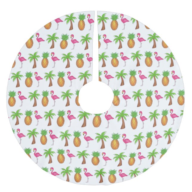Pink Flamingo Tropical Island Palm Tree Ananas Polyester Weihnachtsbaumdecke (Vorderseite)