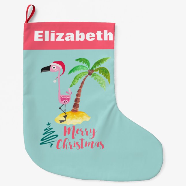 Pink Flamingo Tropical Island Weihnachten Großer Weihnachtsstrumpf (Vorderseite)