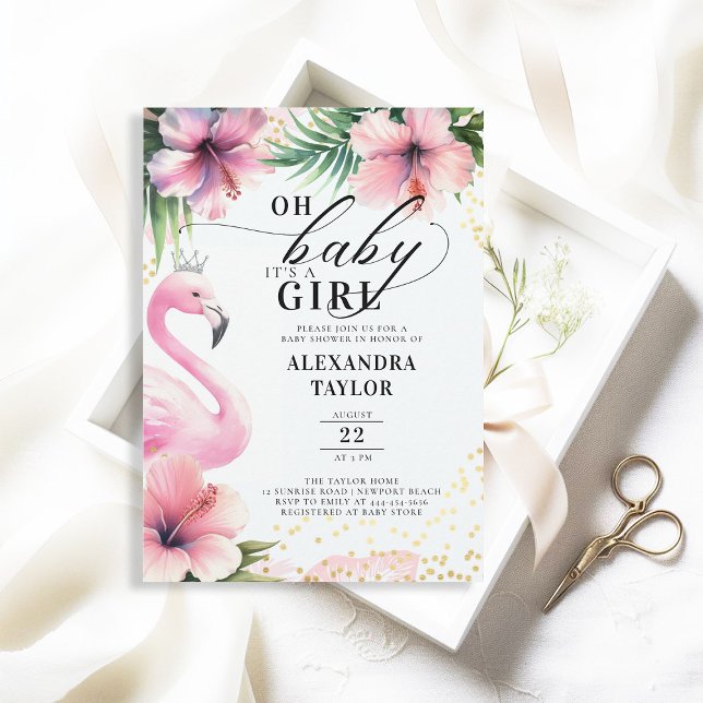 Pink Flamingo Tropical Pink Gold Girl Baby Dusche Einladung (flamingo baby girl shower invitation pink tropical greenery palm leaf hibiscus floral its a girl)