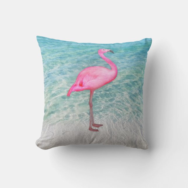 Pink Flamingo Tropical Sandy Beach Moderner Chic Kissen (Vorderseite)