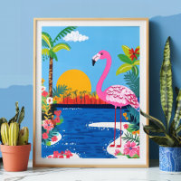 Pink Flamingo Tropical Sunset Beach Wall Art