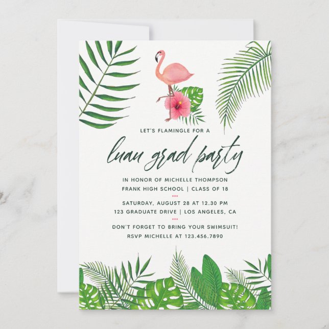 Pink Flamingo Tropical Watercolor Luau Abschluss Ankündigung (Vorderseite)