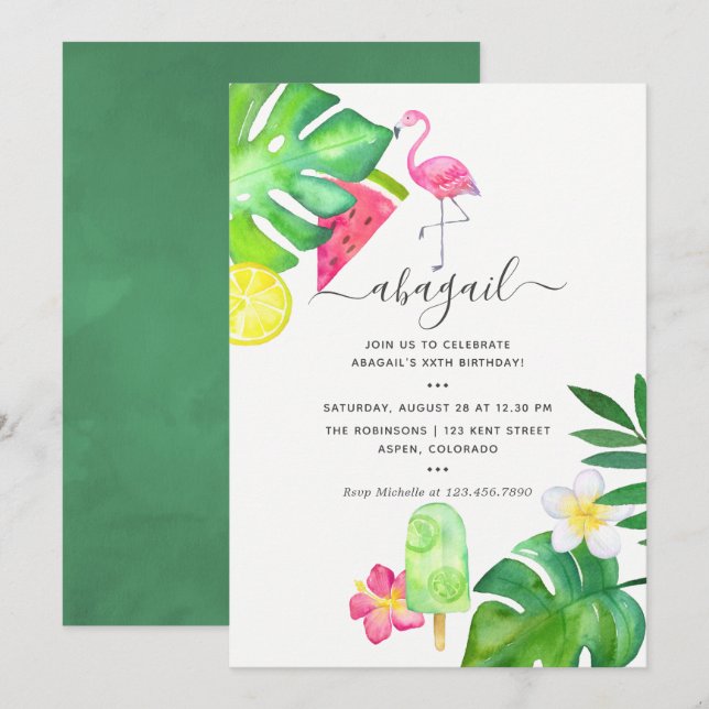 Pink Flamingo Tropical Watercolor Sommer Geburtsta Einladung (Vorne/Hinten)