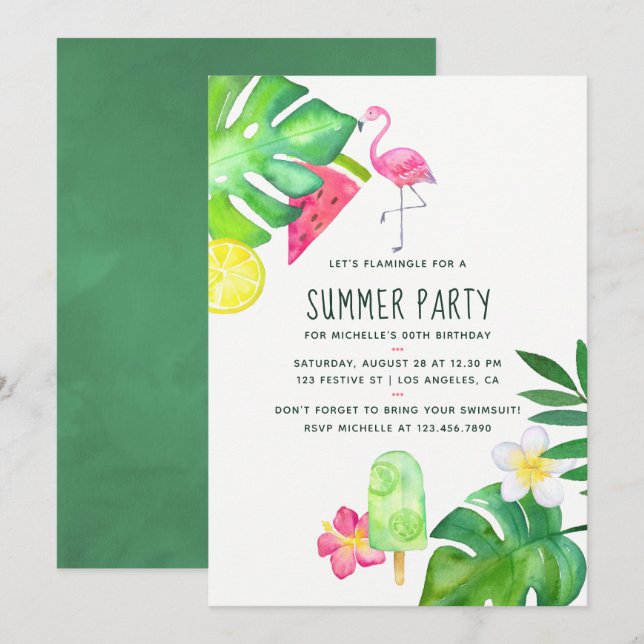 Pink Flamingo Tropical Watercolor Sommer Geburtsta Einladung (Vorne/Hinten)