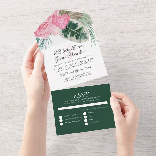 Pink Flamingo Tropical Wedding All In One Einladung (Abreißen)