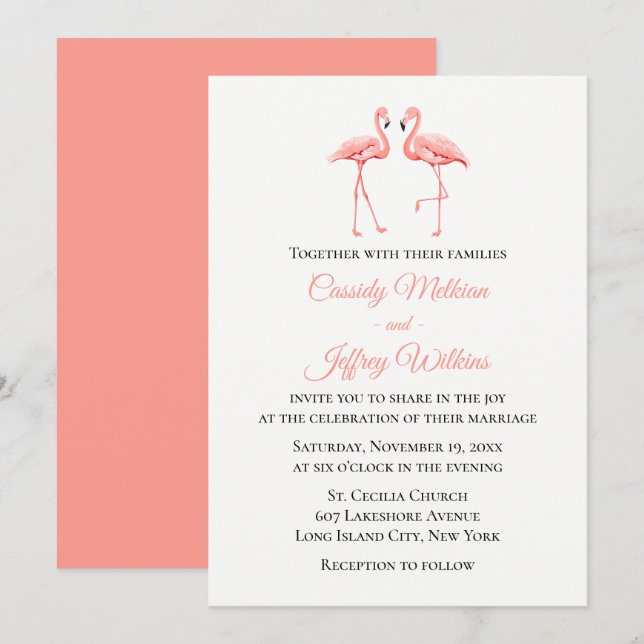 Pink Flamingo Tropical Wedding Niedlich Summer Bea Einladung (Vorne/Hinten)