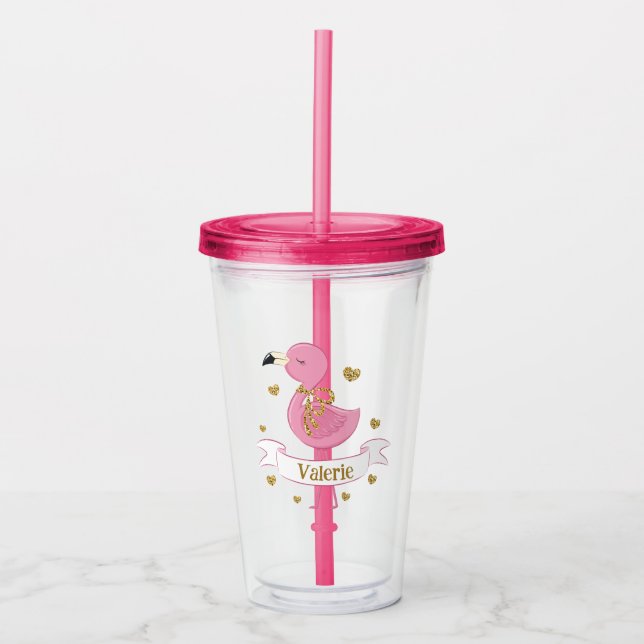 Pink Flamingo Tumbler mit Individuelle Name Acryltrinkbecher (Vorderseite)