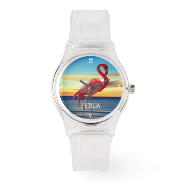 Pink Flamingo und Ocean Sunset Armbanduhr (Vorderseite)