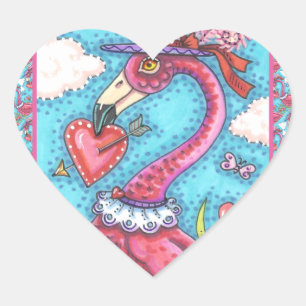 PINK FLAMINGO VALENTINE HERZEN, LIEBE VÖGEL WHIMSY Herz-Aufkleber