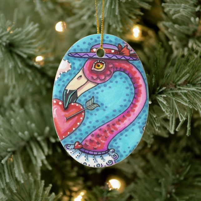 PINK FLAMINGO VALENTINE HERZEN, LIEBE VÖGEL WHIMSY KERAMIK ORNAMENT (Baum)