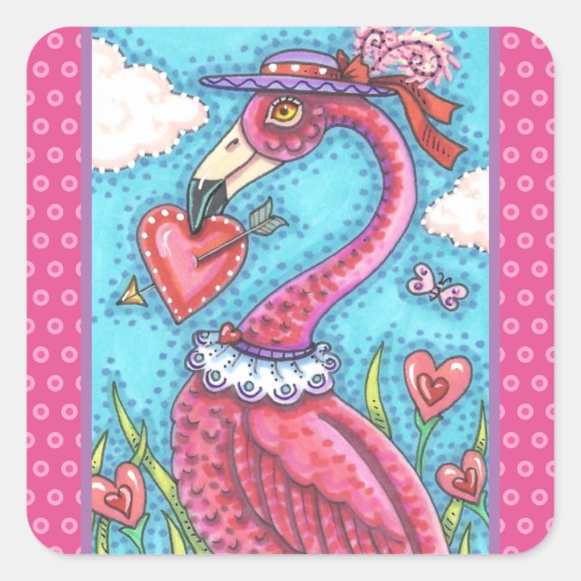 PINK FLAMINGO VALENTINE HERZEN, LIEBE VÖGEL WHIMSY QUADRATISCHER AUFKLEBER (Vorderseite)