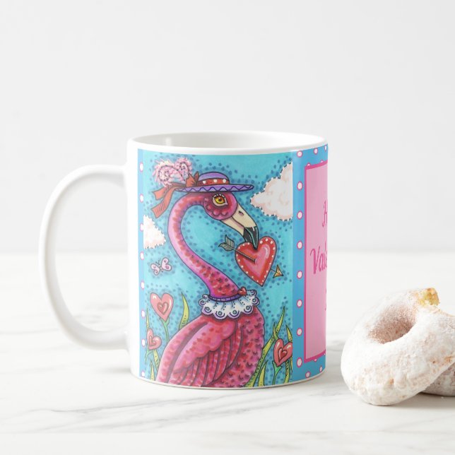 PINK FLAMINGO VALENTINE HERZEN, NIEDLICHE LIEBE VÖ KAFFEETASSE (Mit Donut)