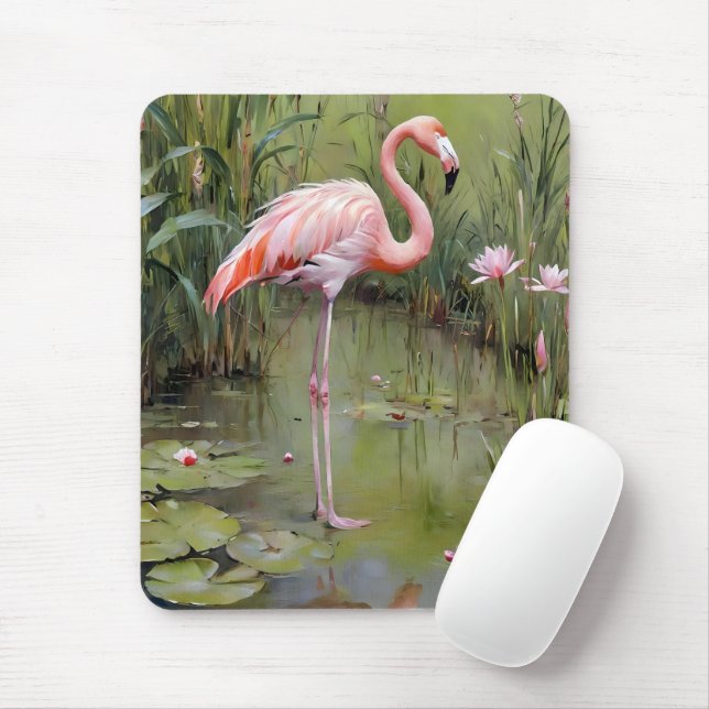 Pink Flamingo Water Lilies and Reeds Oil Painting, Mousepad (Mit Mouse)