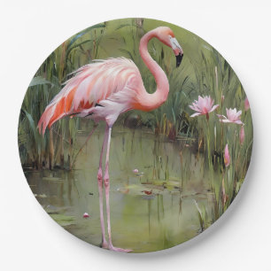 Pink Flamingo Water Lilies and Reeds Oil Painting, Pappteller