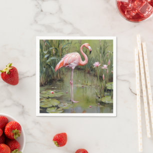 Pink Flamingo Water Lilies and Reeds Oil Painting, Serviette