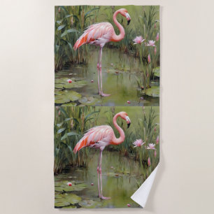 Pink Flamingo Water Lilies and Reeds Oil Painting, Strandtuch