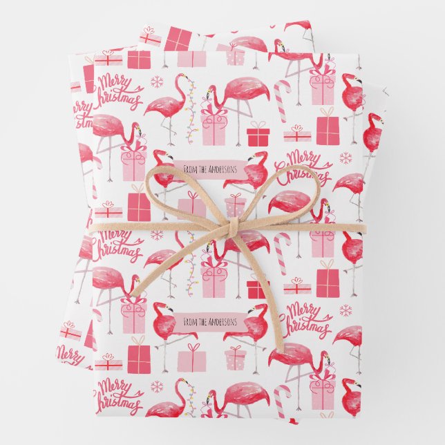 Pink Flamingo Weihnachten Retro Tropischer Urlaub Geschenkpapier Set (Beispiel)