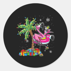 Pink Flamingo Weihnachts Palme Tree Tropical Xmas Runder Aufkleber